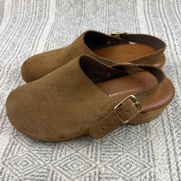 Anthropologie Brown Suede Wooden Platform Clog Sandals, Adjustable Buckle Strap - Picture 2 of 10